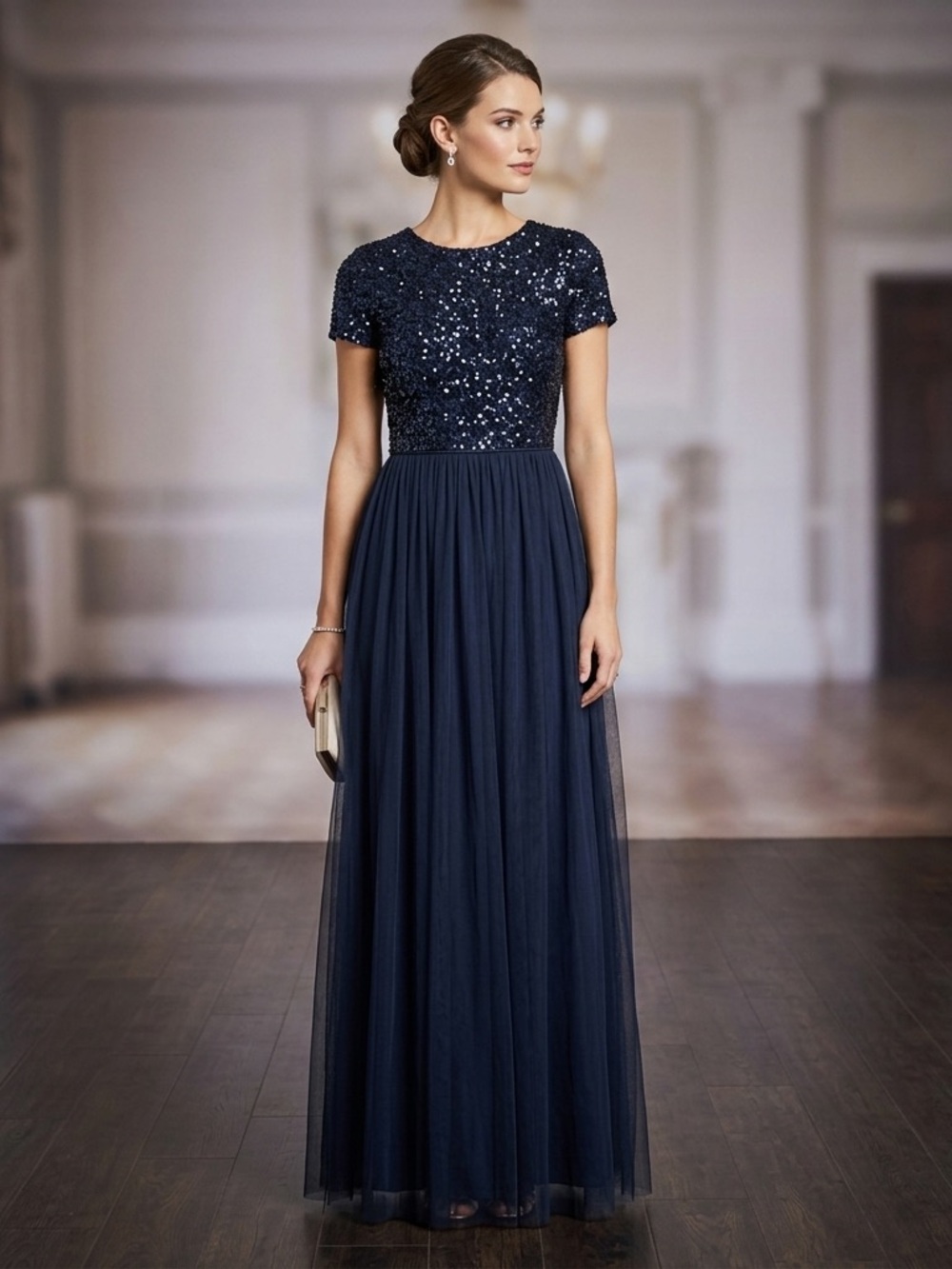 Adrianna Papell Navy Sequin Bodice Tulle Maxi Dress